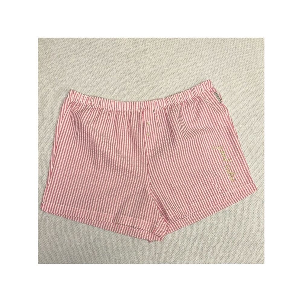 RAE DUNN. L good vibes. Pink White Seersucker Stripes Boyfriend PJ Boxer Shorts